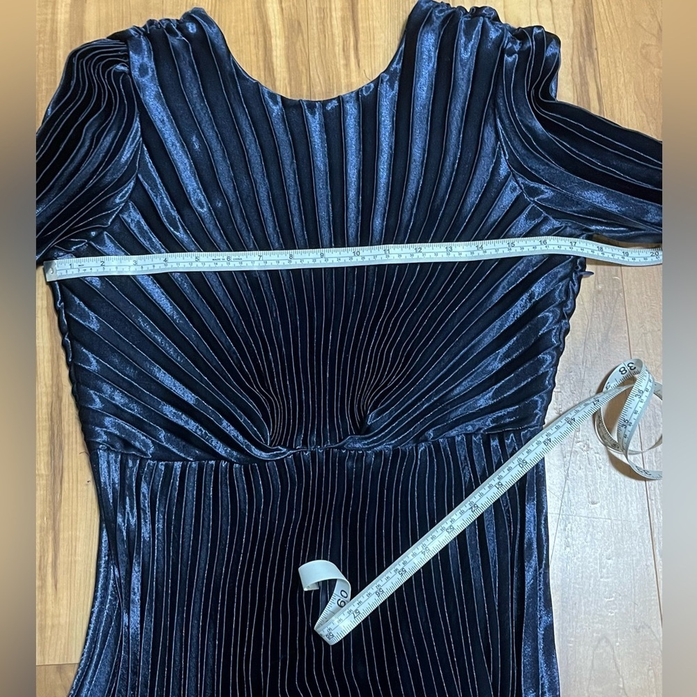 Sandro Paris Navy Pleated Satin Midi Dress Boat Neck V-Back EU 40 - Picture 10 of 13